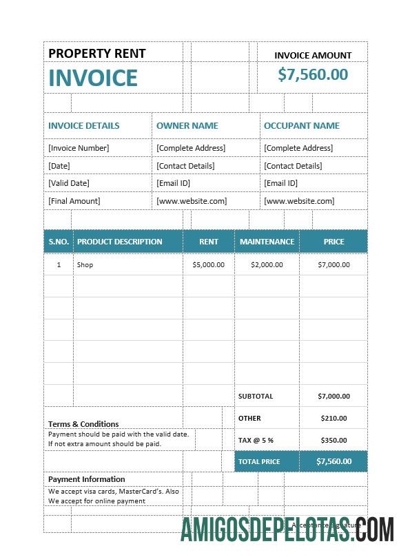 em branco Modelo de fatura de aluguel de propriedade